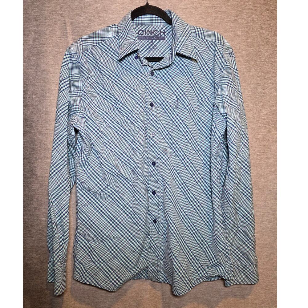 Cinch Shirt Men's Button Down Long Sleeve Sz M Blue Purple Plaid Western Cowboy